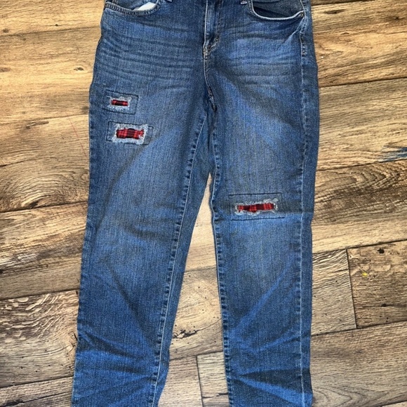 Blue Straight Leg Jeans Mid Rise Red Plaid Patches Women's Size 6 Style & Co - Picture 4 of 12